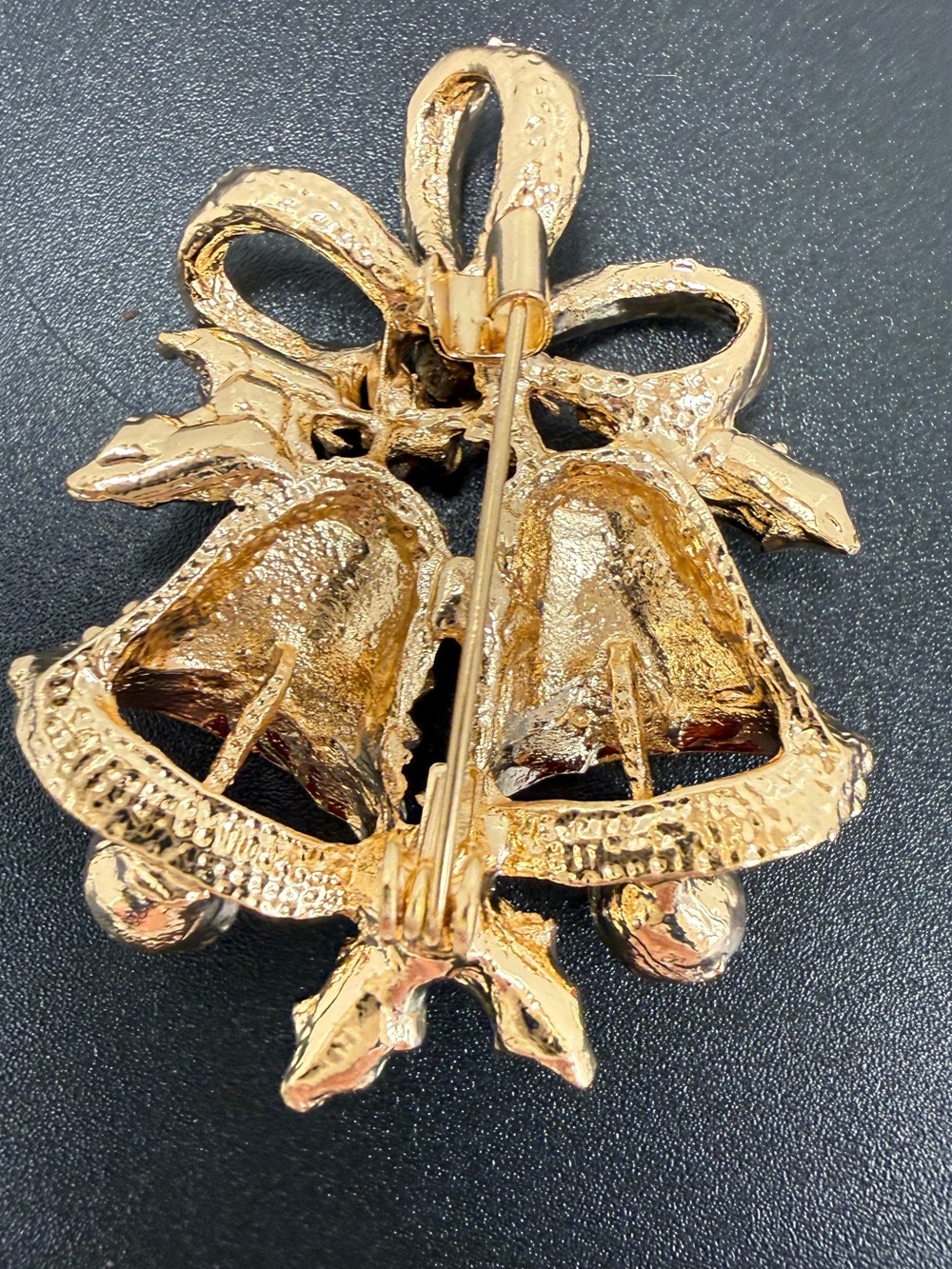 Festive Gold-Tone Red & Green Crystal Bell Brooch - Picture 3 of 4